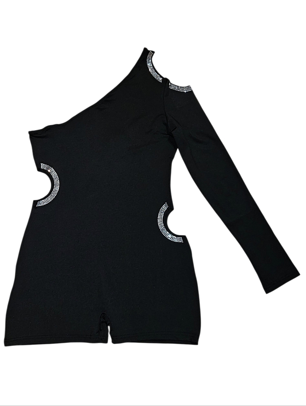 Y2K Black Glam Rhinestone Cutout One Sleeve Bodycon Clubwear Dance Romper Med